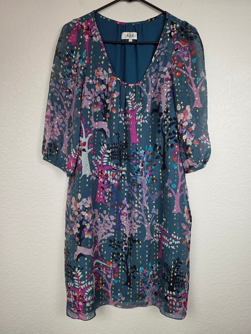 Tibi Silk Blend Print Dress Teal Size 4